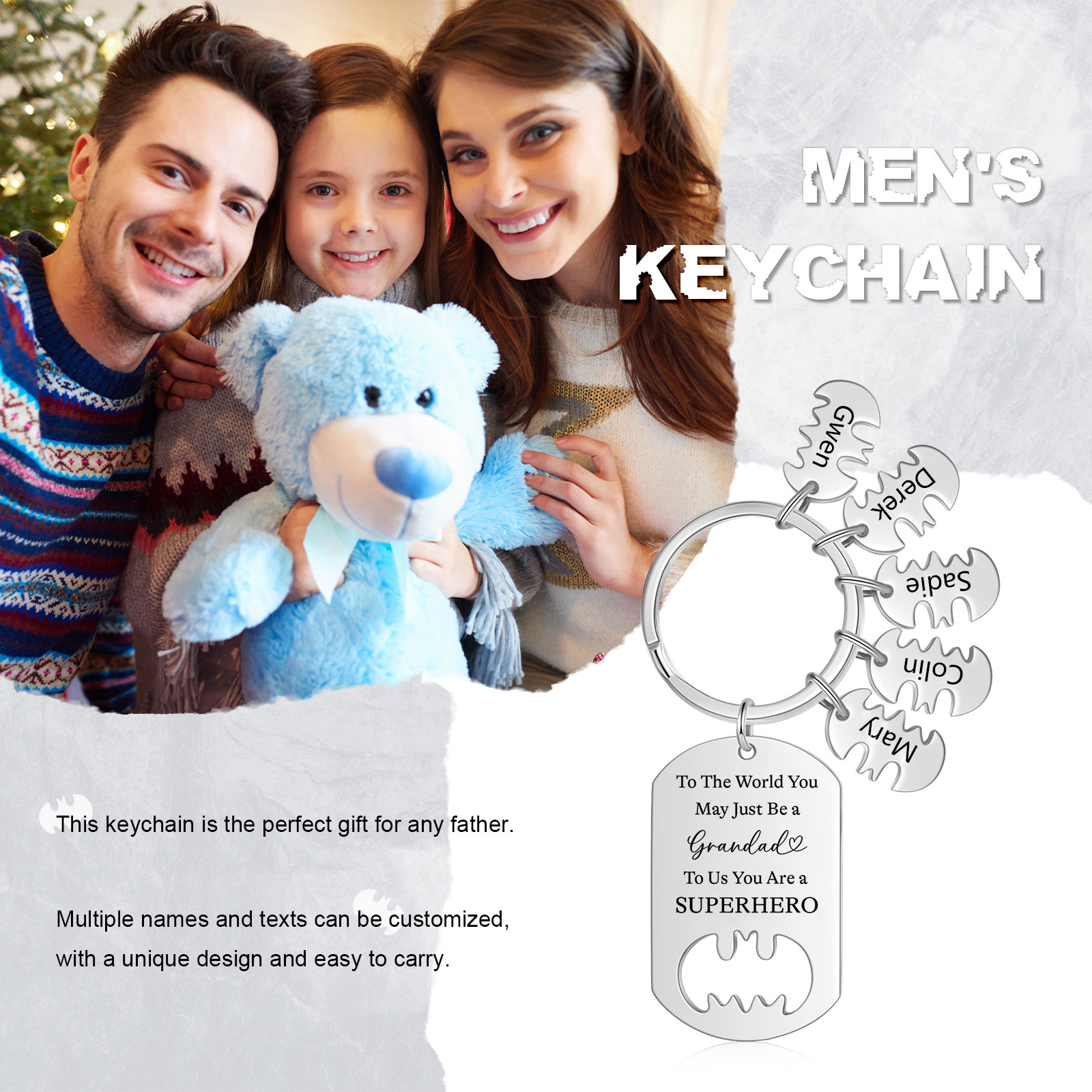 5 Names - Personalized Keychain Custom 5 Names Stainless Steel Keychain for Grandad