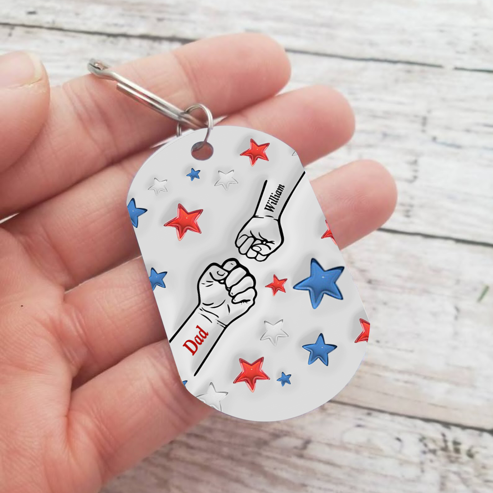 2 Names - Personalised Fist Bump Keyring Engraved Name Keyring Gift for Dad