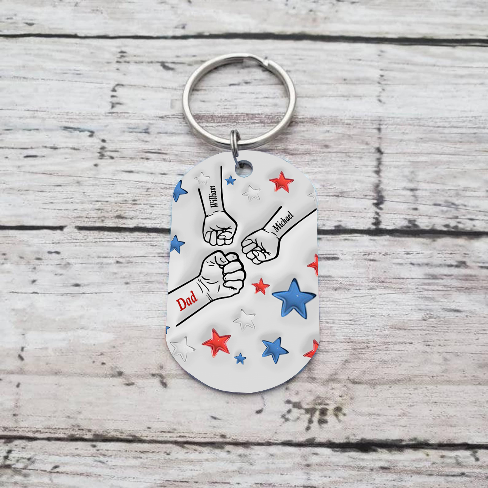 3 Names - Personalised Fist Bump Keyring Engraved Name Keyring Gift for Dad