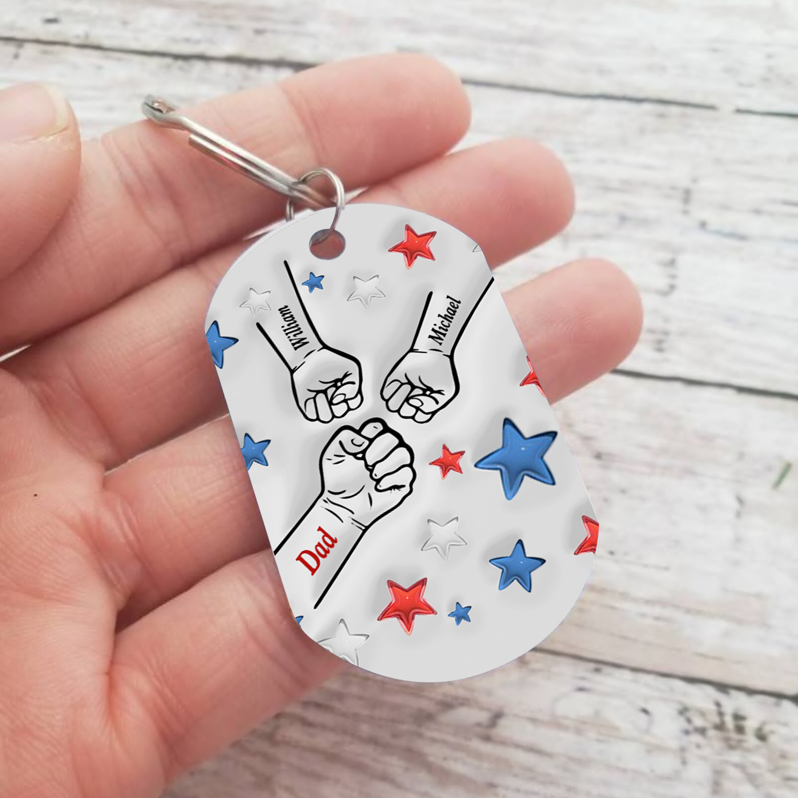 3 Names - Personalised Fist Bump Keyring Engraved Name Keyring Gift for Dad