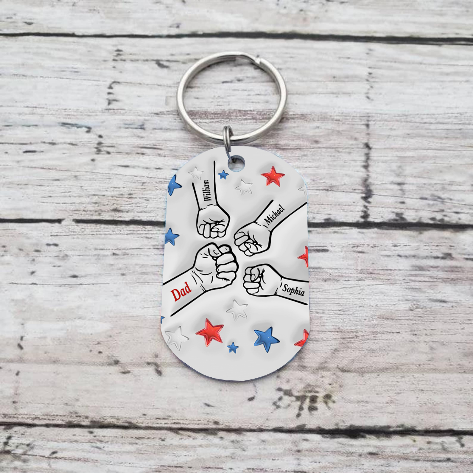 4 Names - Personalised Fist Bump Keyring Engraved Name Keyring Gift for Dad