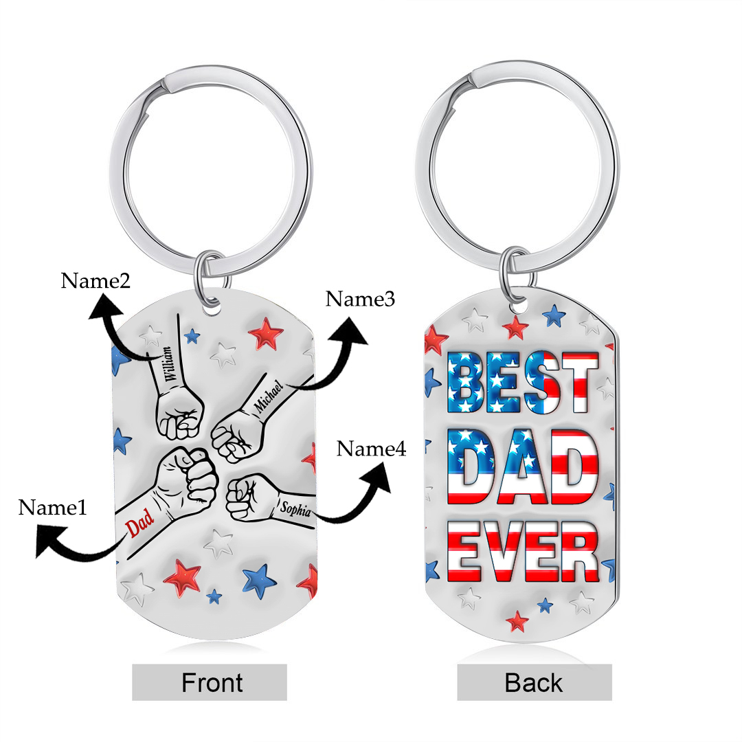 4 Names - Personalised Fist Bump Keyring Engraved Name Keyring Gift for Dad