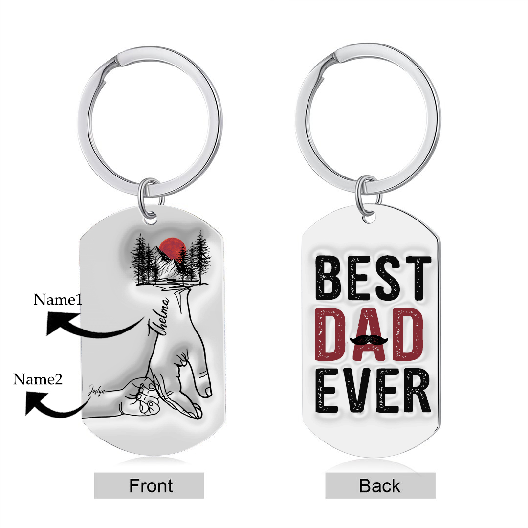 2 Names - Personalised Holding Hand Keyring Engraved Name Keyring Gift for Dad