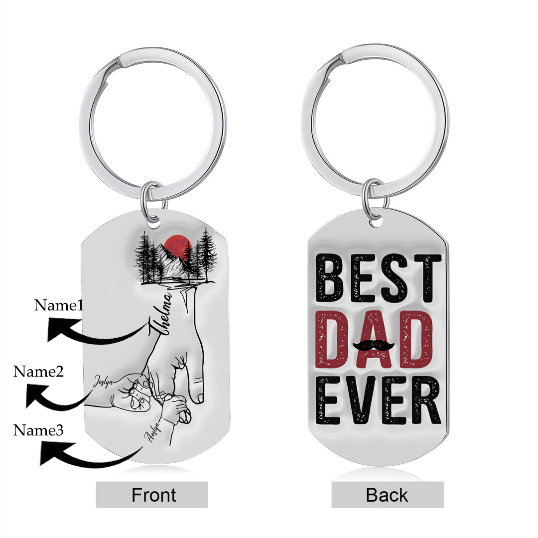3 Names - Personalised Holding Hand Keyring Engraved Name Keyring Gift for Dad