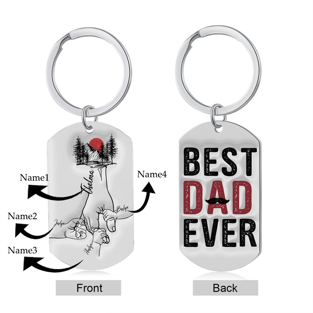 4 Names - Personalised Holding Hand Keyring Engraved Name Keyring Gift for Dad