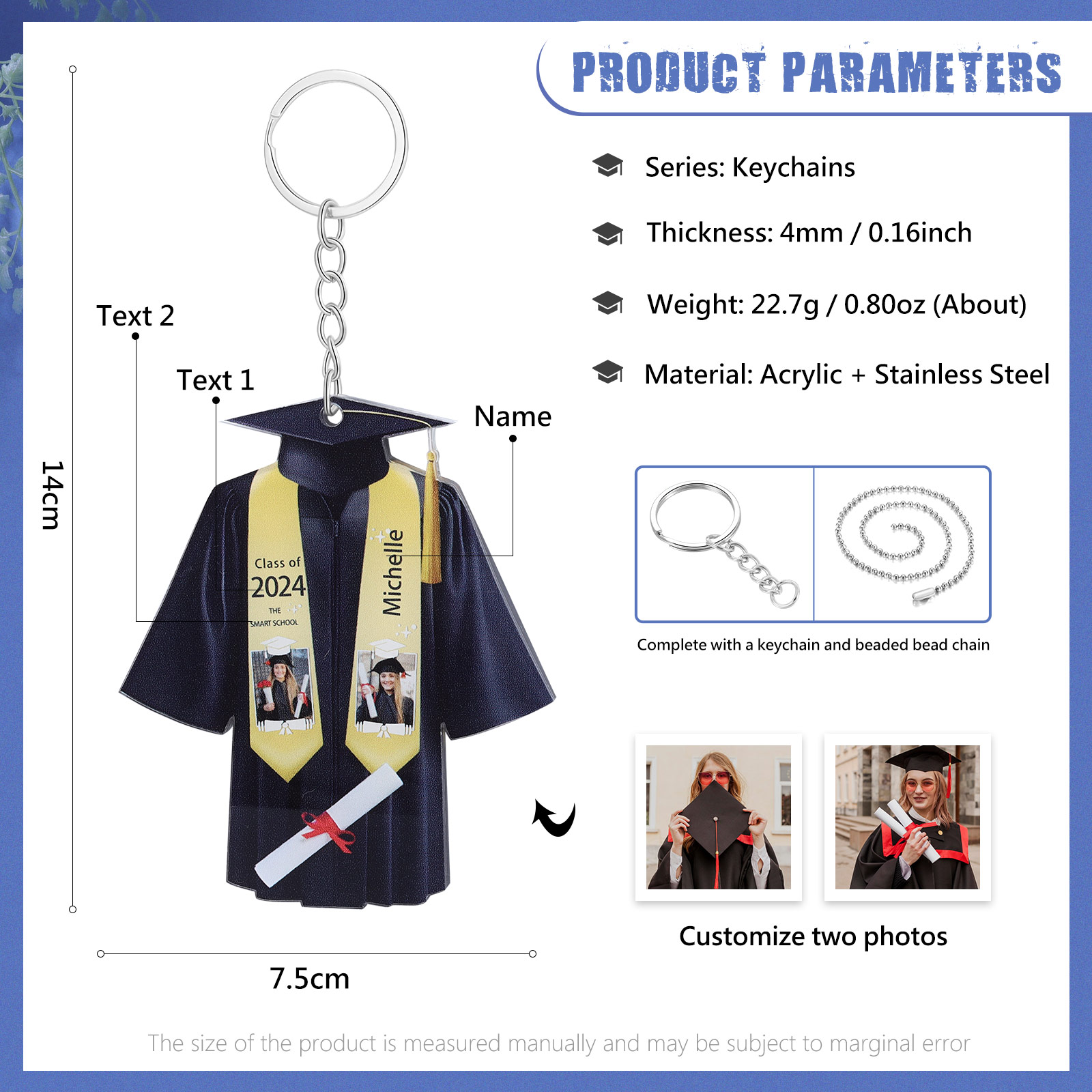 Personalized 2 Photo & Name & 2 Text Exquisite Stainless Steel Graduation Keychain Gift For Her/Him