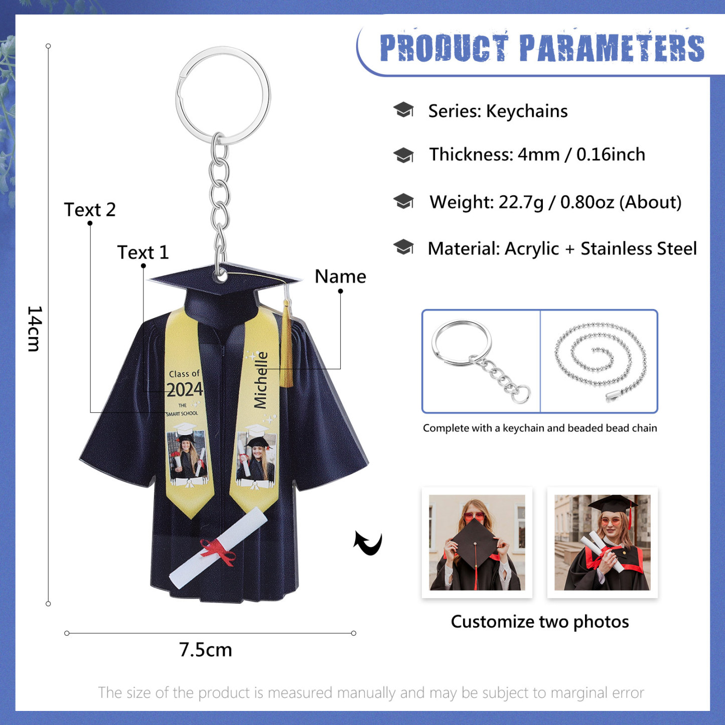 Personalized 2 Photo & Name & 2 Text Exquisite Stainless Steel Graduation Keychain Gift For Her/Him