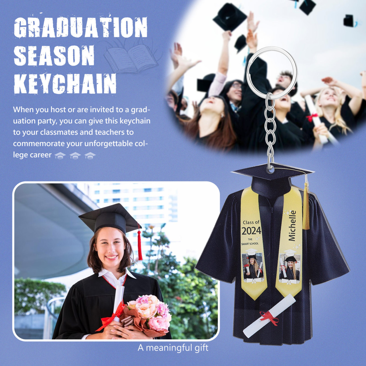 Personalized 2 Photo & Name & 2 Text Exquisite Stainless Steel Graduation Keychain Gift For Her/Him