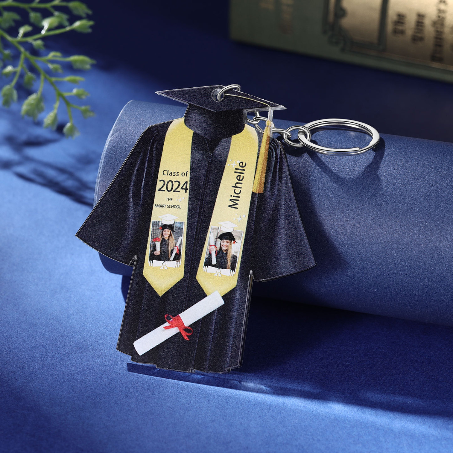 Personalized 2 Photo & Name & 2 Text Exquisite Stainless Steel Graduation Keychain Gift For Her/Him