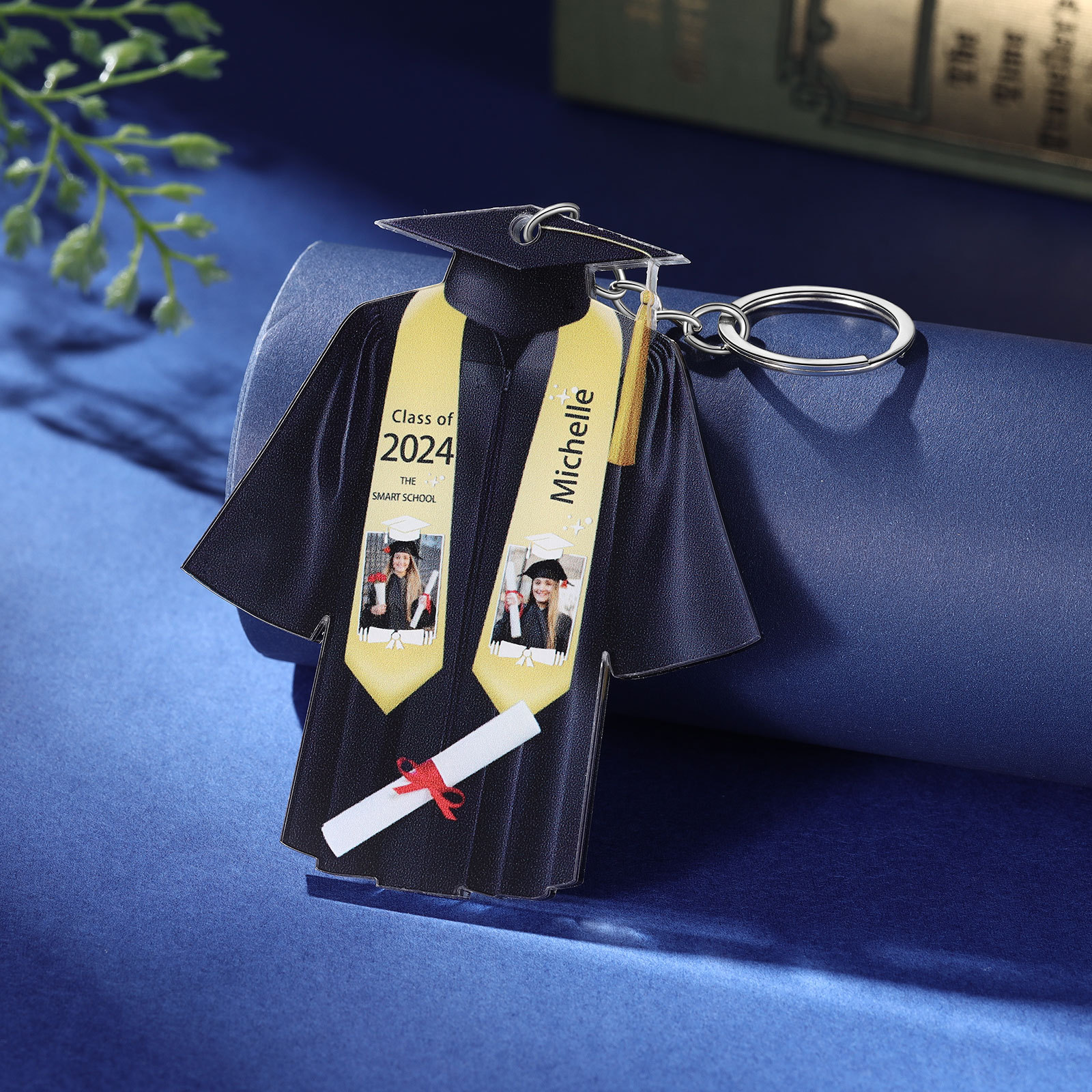 Personalized 2 Photo & Name & 2 Text Exquisite Stainless Steel Graduation Keychain Gift For Her/Him