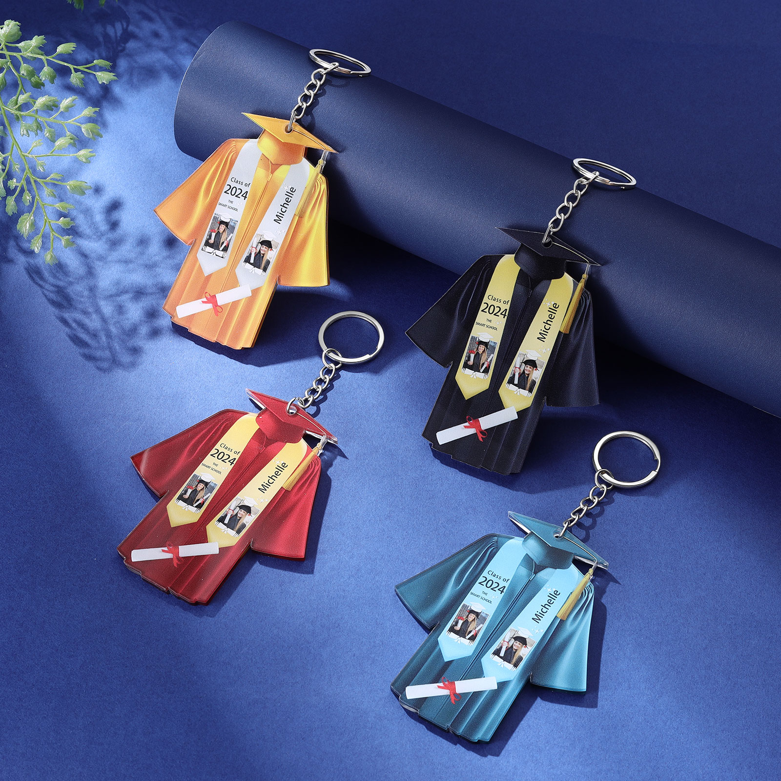 Personalized 2 Photo & Name & 2 Text Exquisite Stainless Steel Graduation Keychain Gift For Her/Him