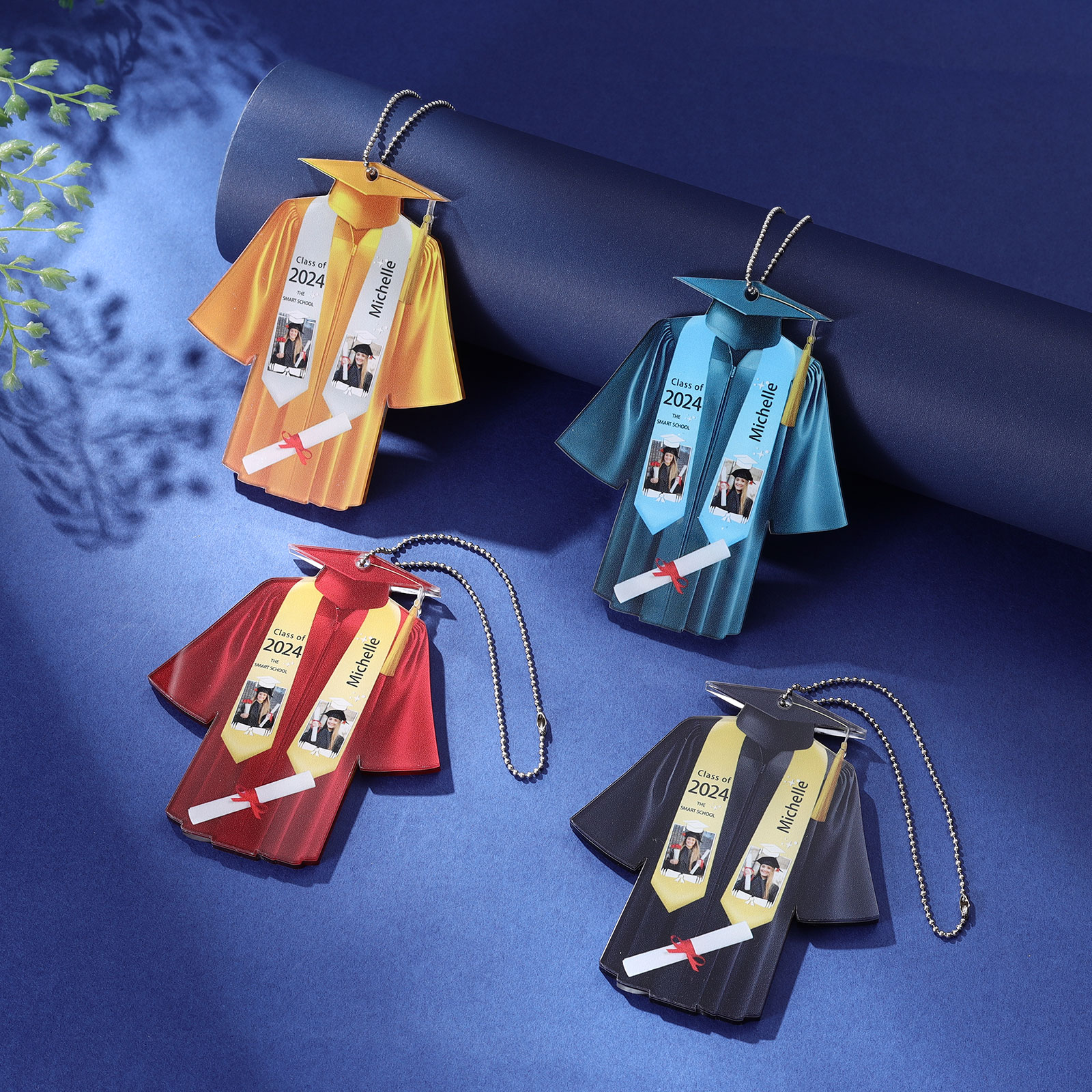 Personalized 2 Photo & Name & 2 Text Exquisite Stainless Steel Graduation Keychain Gift For Her/Him