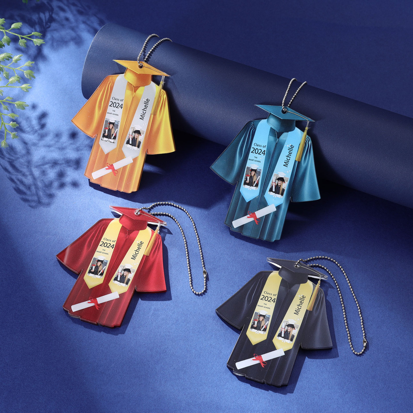 Personalized 2 Photo & Name & 2 Text Exquisite Stainless Steel Graduation Keychain Gift For Her/Him