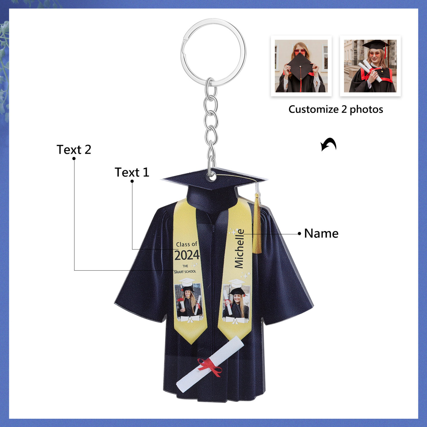 Personalized 2 Photo & Name & 2 Text Exquisite Stainless Steel Graduation Keychain Gift For Her/Him