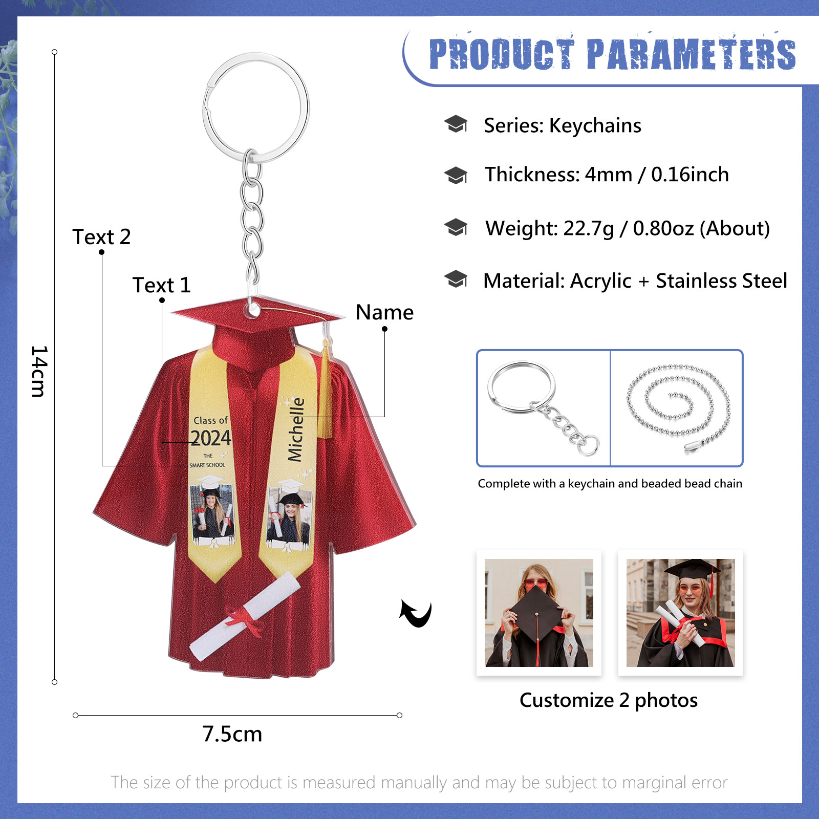 Personalized 2 Photo & Name & 2 Text Exquisite Stainless Steel Graduation Keychain Gift For Her/Him