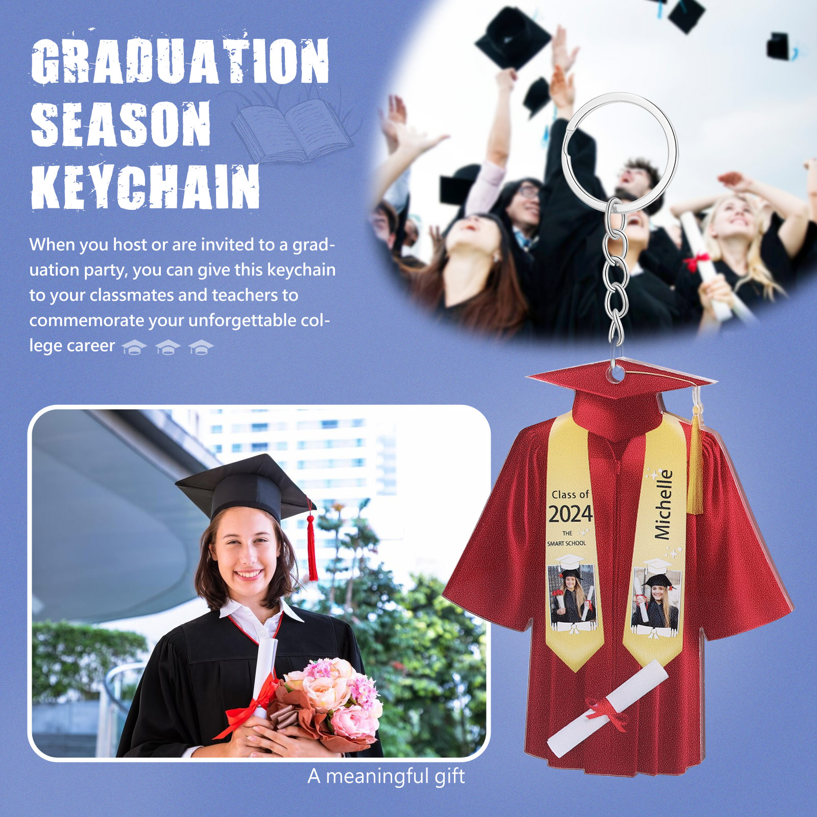 Personalized 2 Photo & Name & 2 Text Exquisite Stainless Steel Graduation Keychain Gift For Her/Him