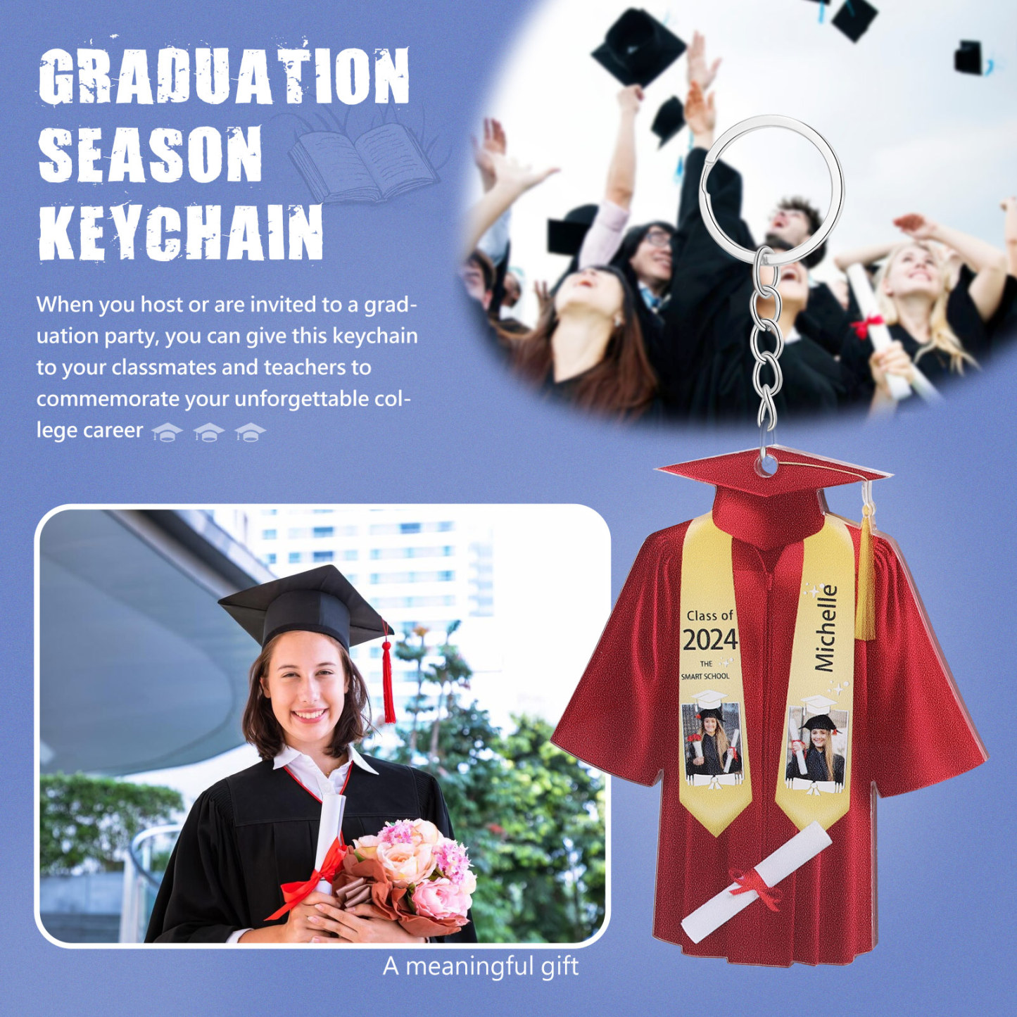 Personalized 2 Photo & Name & 2 Text Exquisite Stainless Steel Graduation Keychain Gift For Her/Him