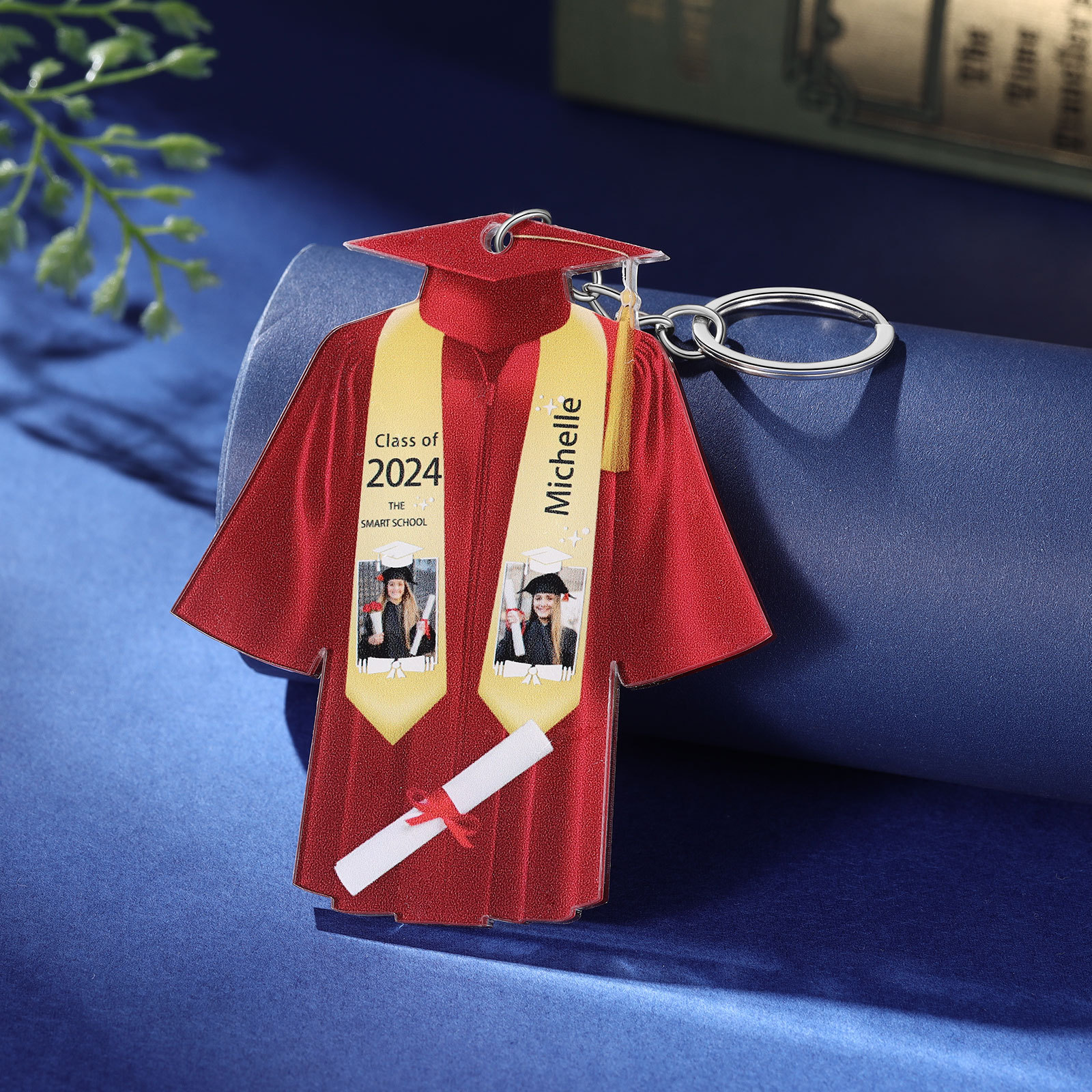 Personalized 2 Photo & Name & 2 Text Exquisite Stainless Steel Graduation Keychain Gift For Her/Him
