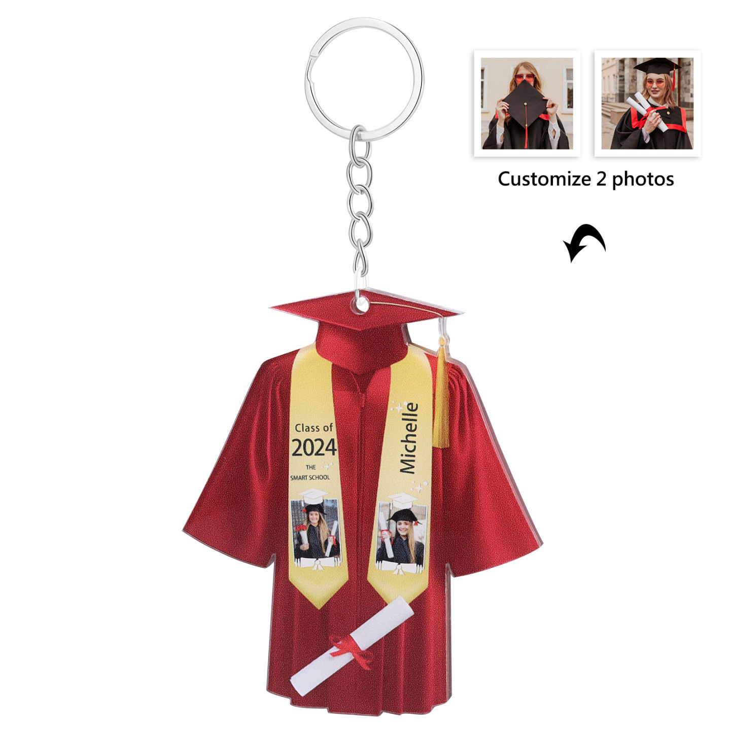 Personalized 2 Photo & Name & 2 Text Exquisite Stainless Steel Graduation Keychain Gift For Her/Him