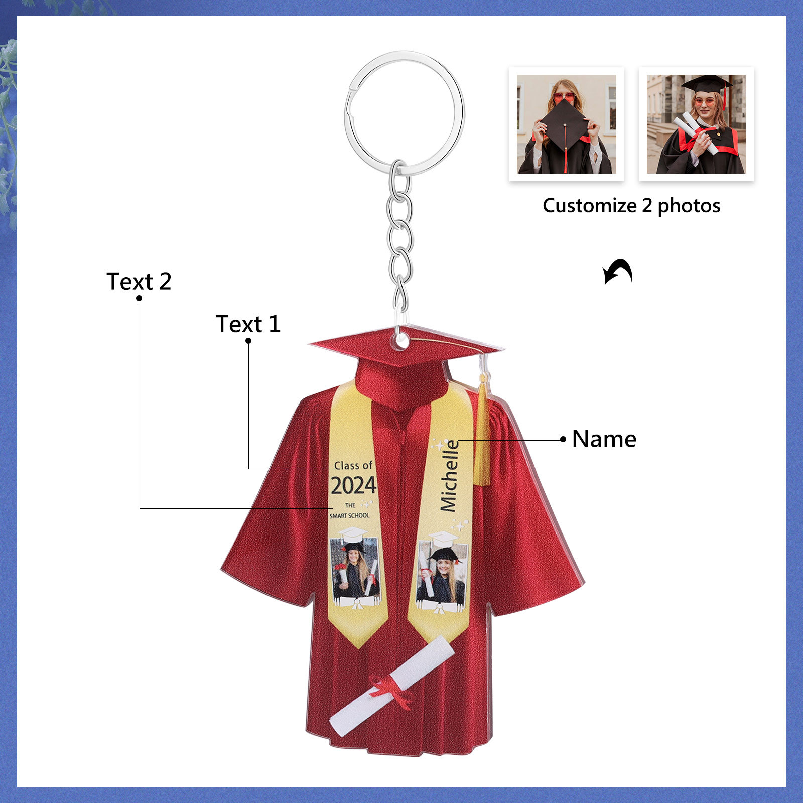Personalized 2 Photo & Name & 2 Text Exquisite Stainless Steel Graduation Keychain Gift For Her/Him