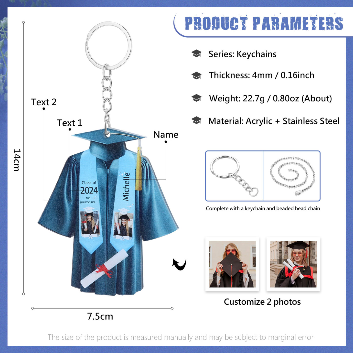 Personalized 2 Photo & Name & 2 Text Exquisite Stainless Steel Graduation Keychain Gift For Her/Him