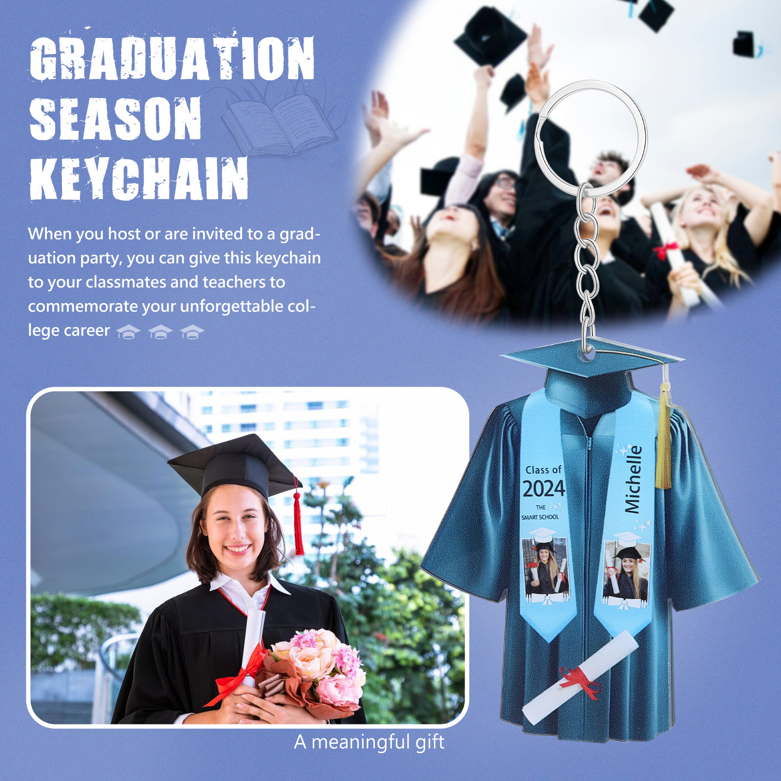 Personalized 2 Photo & Name & 2 Text Exquisite Stainless Steel Graduation Keychain Gift For Her/Him