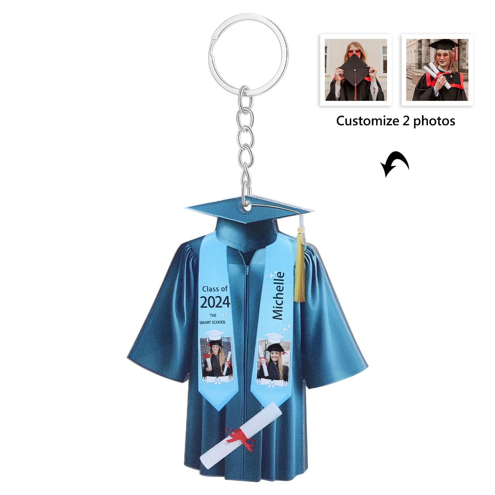 Personalized 2 Photo & Name & 2 Text Exquisite Stainless Steel Graduation Keychain Gift For Her/Him