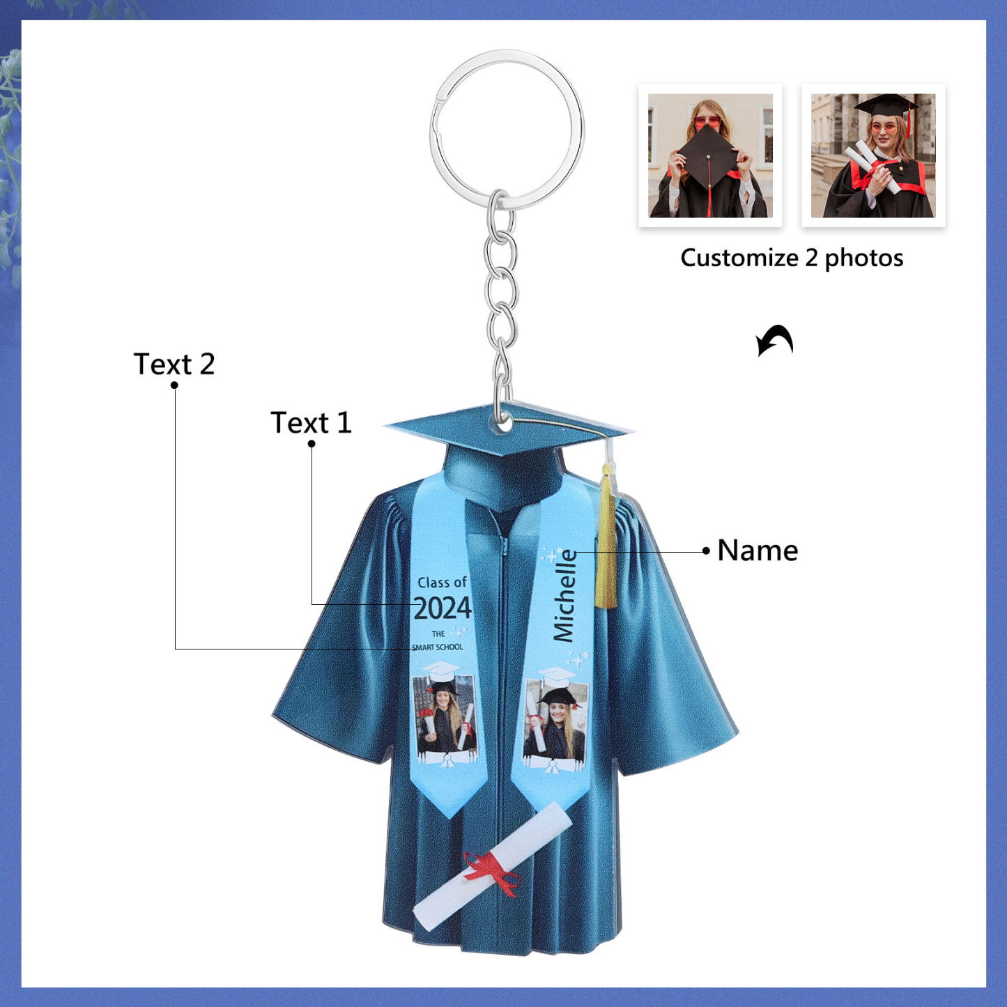 Personalized 2 Photo & Name & 2 Text Exquisite Stainless Steel Graduation Keychain Gift For Her/Him