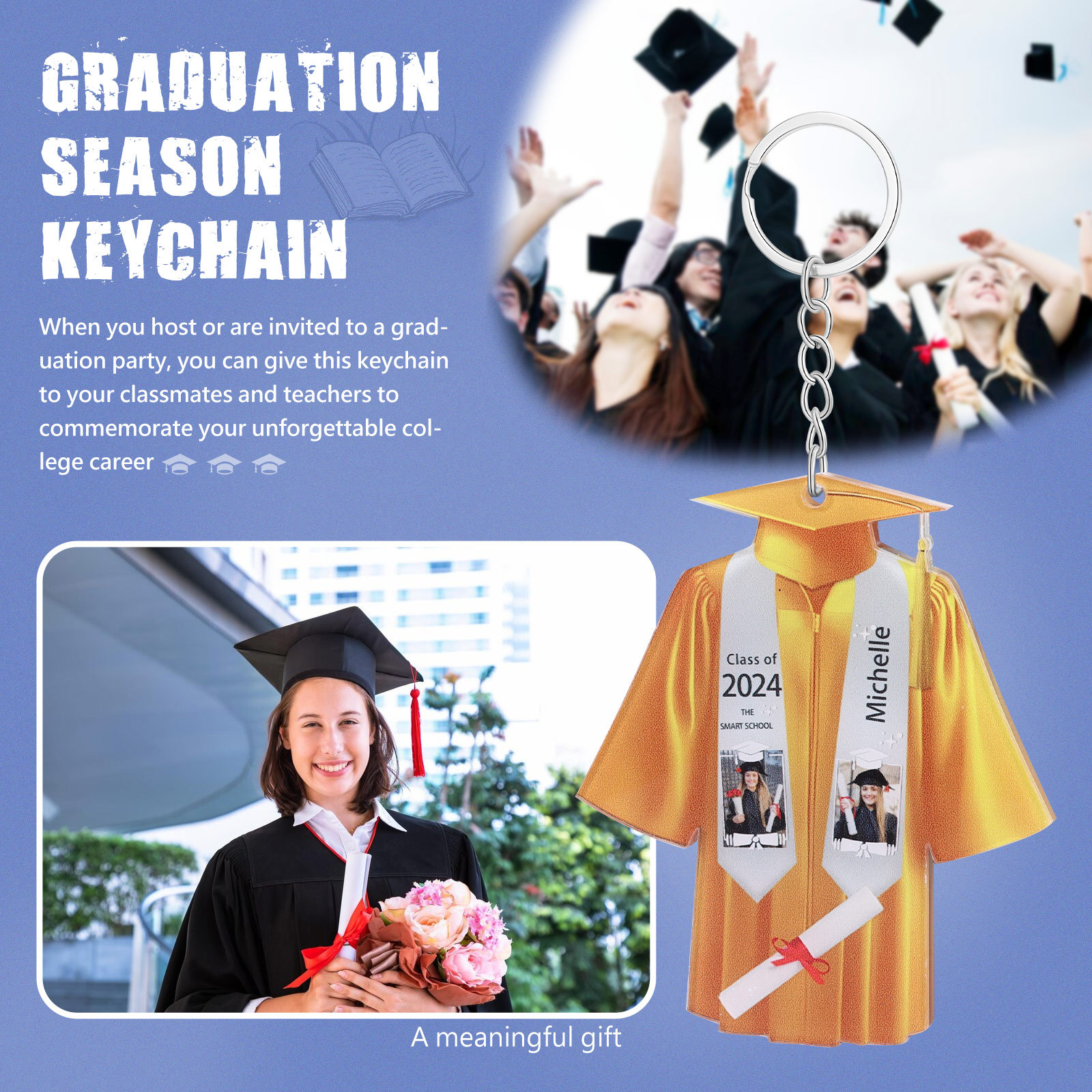 Personalized 2 Photo & Name & 2 Text Exquisite Stainless Steel Graduation Keychain Gift For Her/Him