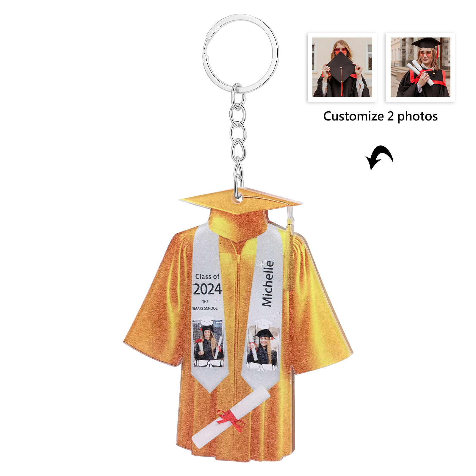 Personalized 2 Photo & Name & 2 Text Exquisite Stainless Steel Graduation Keychain Gift For Her/Him