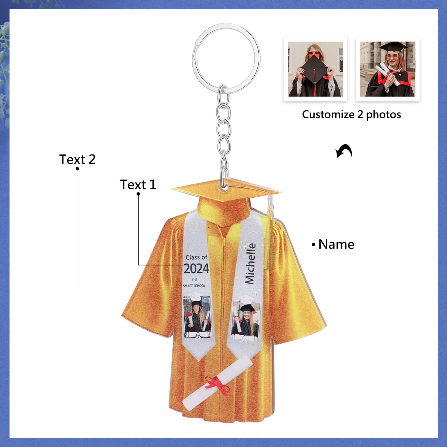 Personalized 2 Photo & Name & 2 Text Exquisite Stainless Steel Graduation Keychain Gift For Her/Him