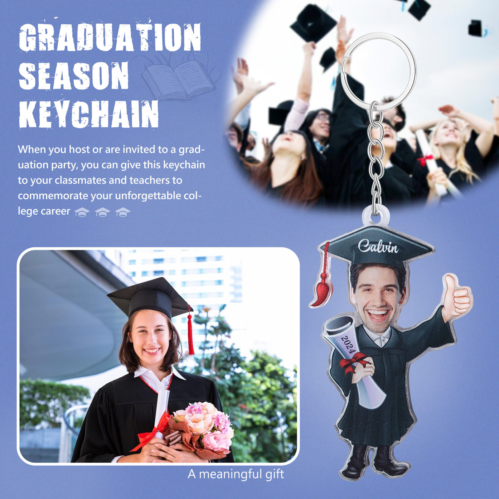 Personalized Photo & Name & Year Exquisite Stainless Steel Graduation Keychain Gift For Her/Him