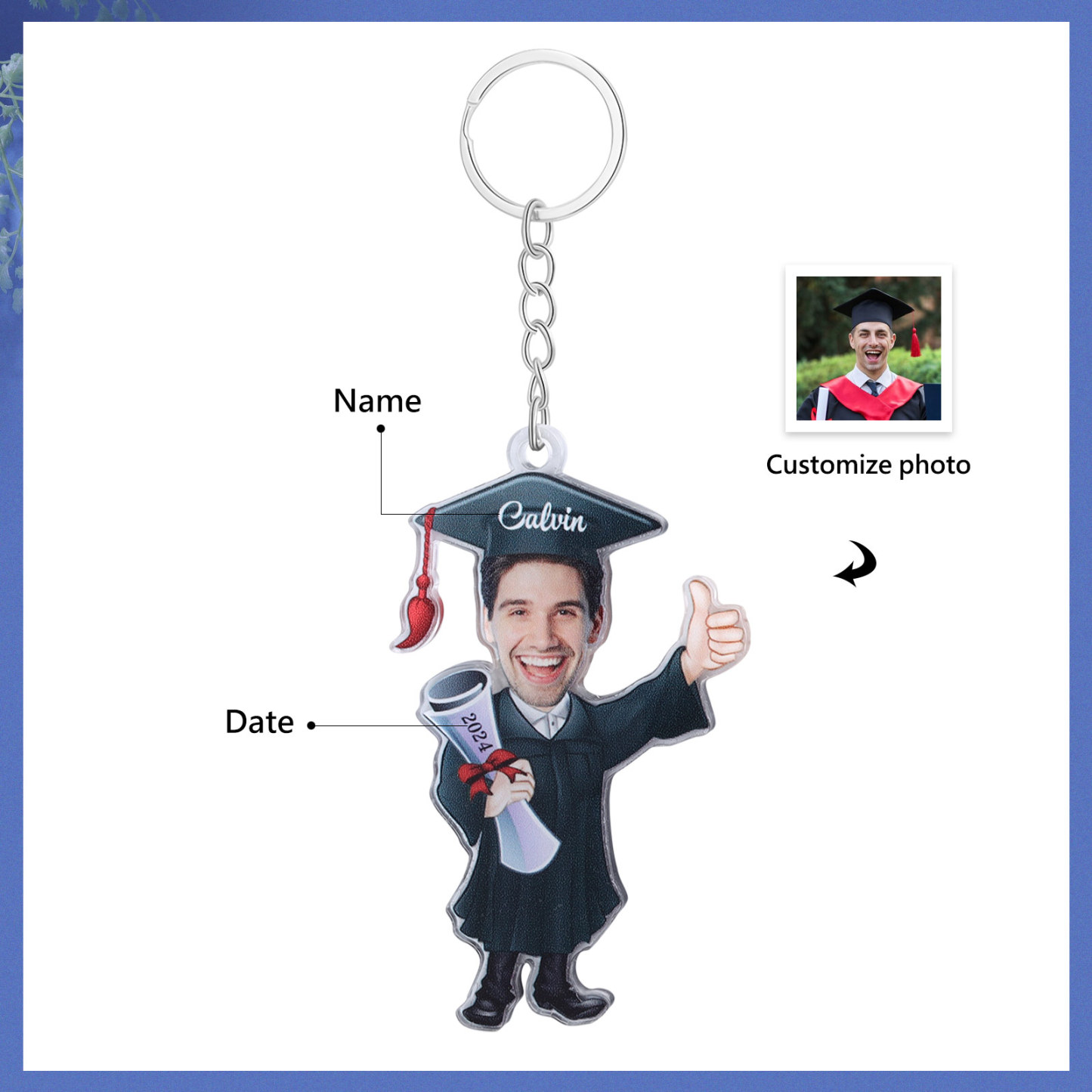 Personalized Photo & Name & Year Exquisite Stainless Steel Graduation Keychain Gift For Her/Him