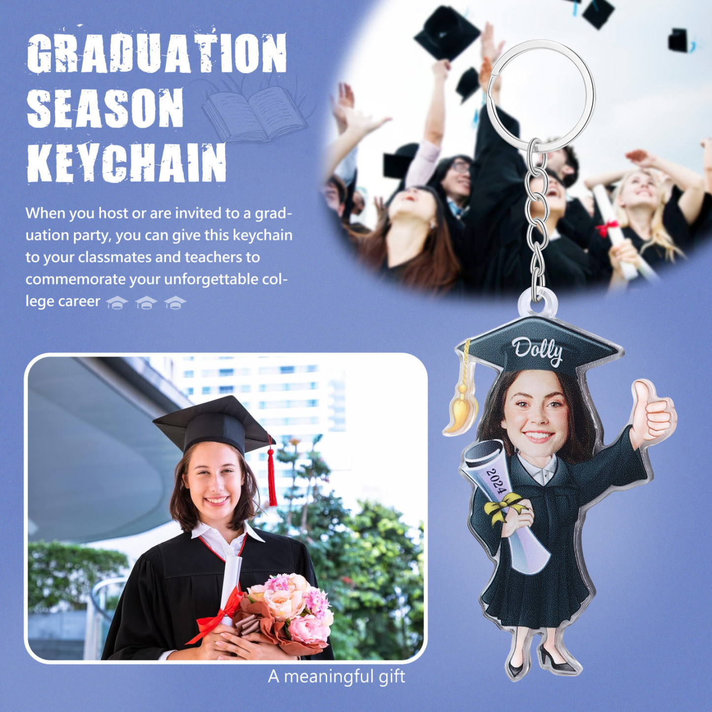 Personalized Photo & Name & Year Exquisite Stainless Steel Graduation Keychain Gift For Her/Him