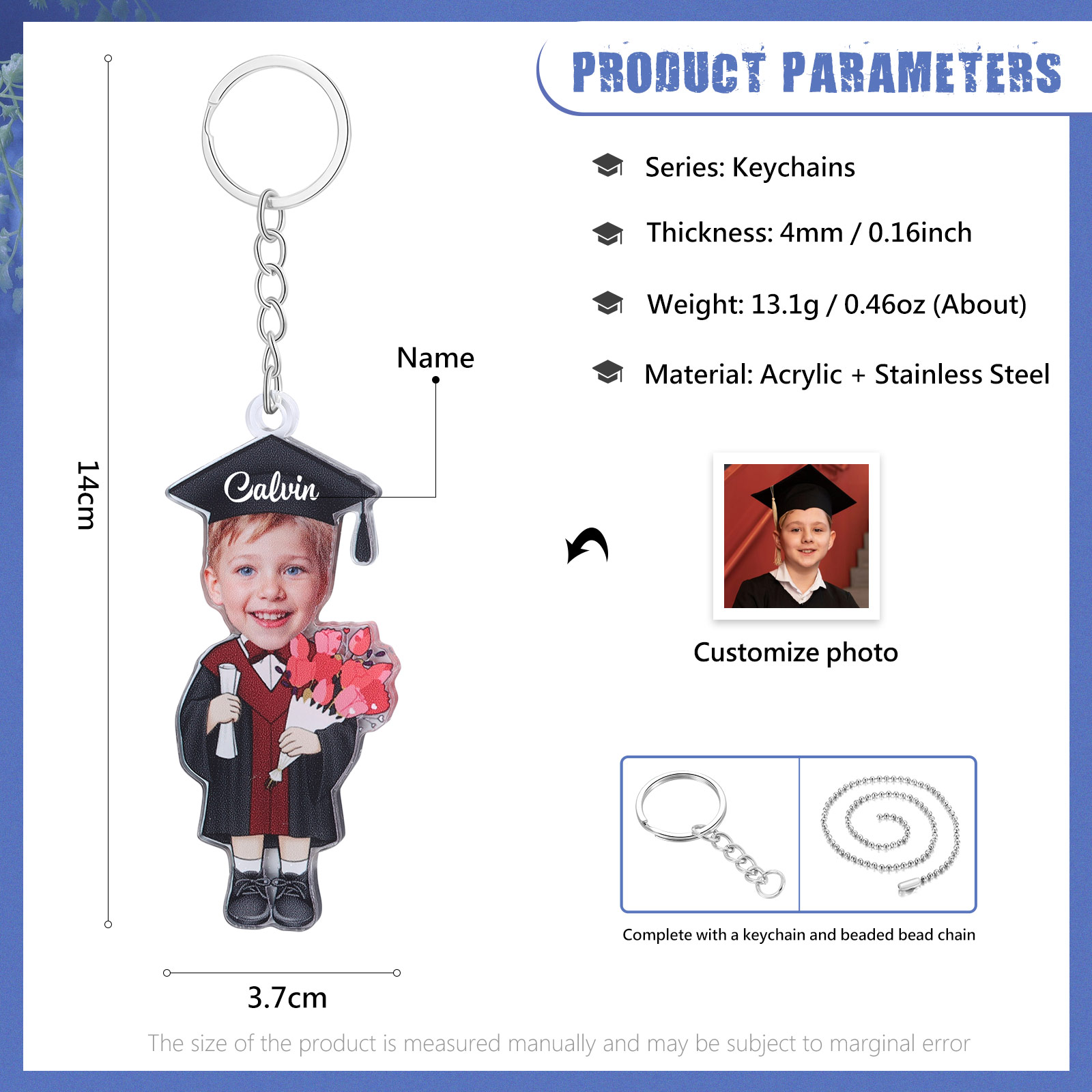 Personalized Photo & Name Exquisite Stainless Steel Graduation Keychain Gift For Her/Him