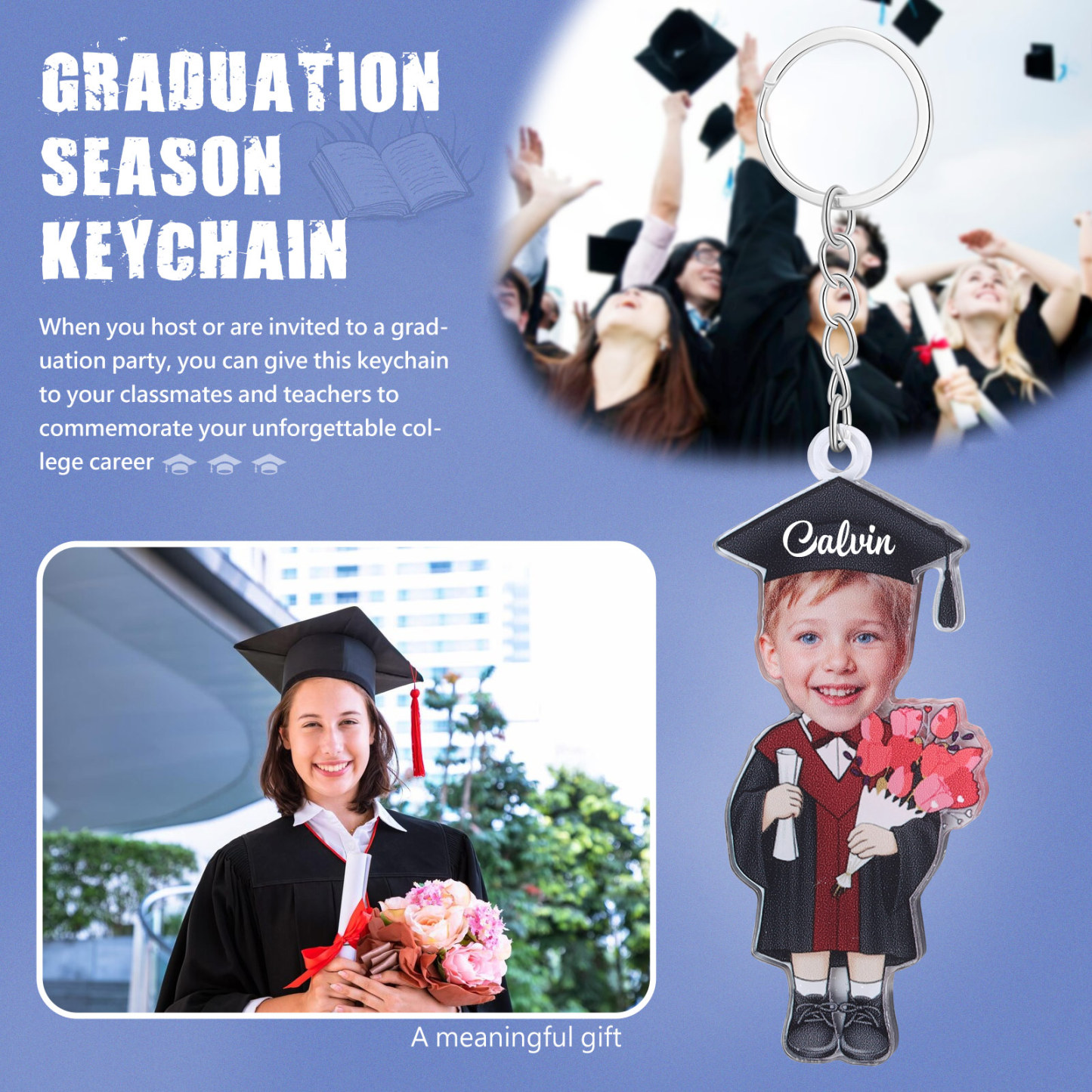 Personalized Photo & Name Exquisite Stainless Steel Graduation Keychain Gift For Her/Him