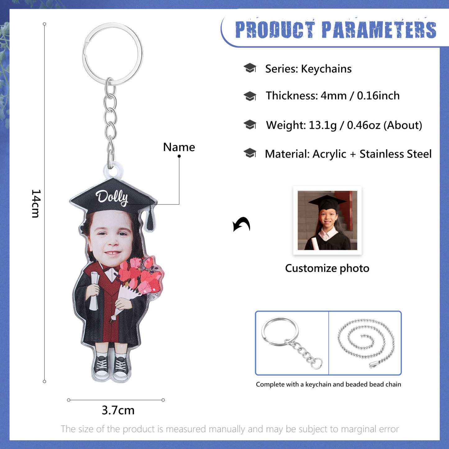 Personalized Photo & Name Exquisite Stainless Steel Graduation Keychain Gift For Her/Him