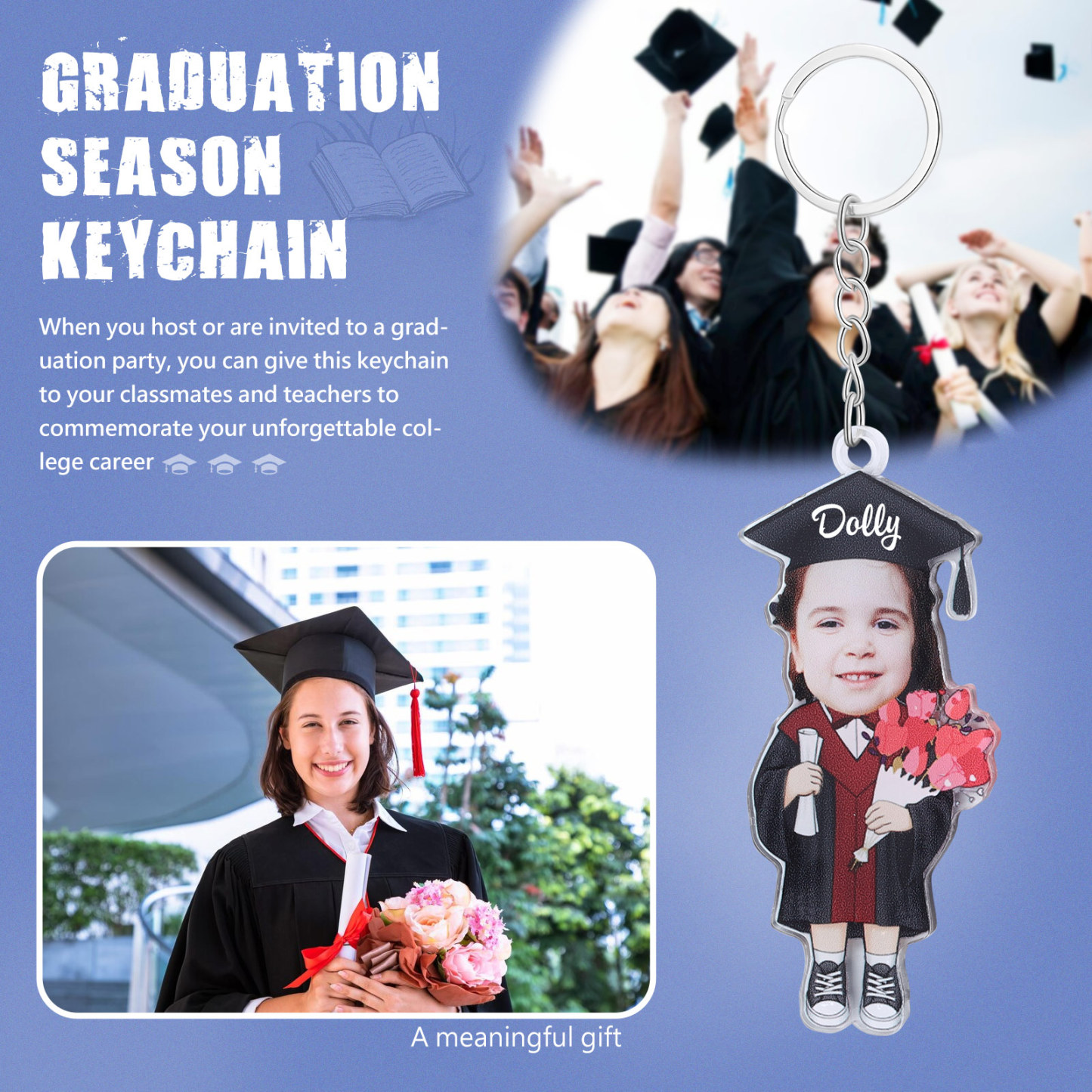 Personalized Photo & Name Exquisite Stainless Steel Graduation Keychain Gift For Her/Him