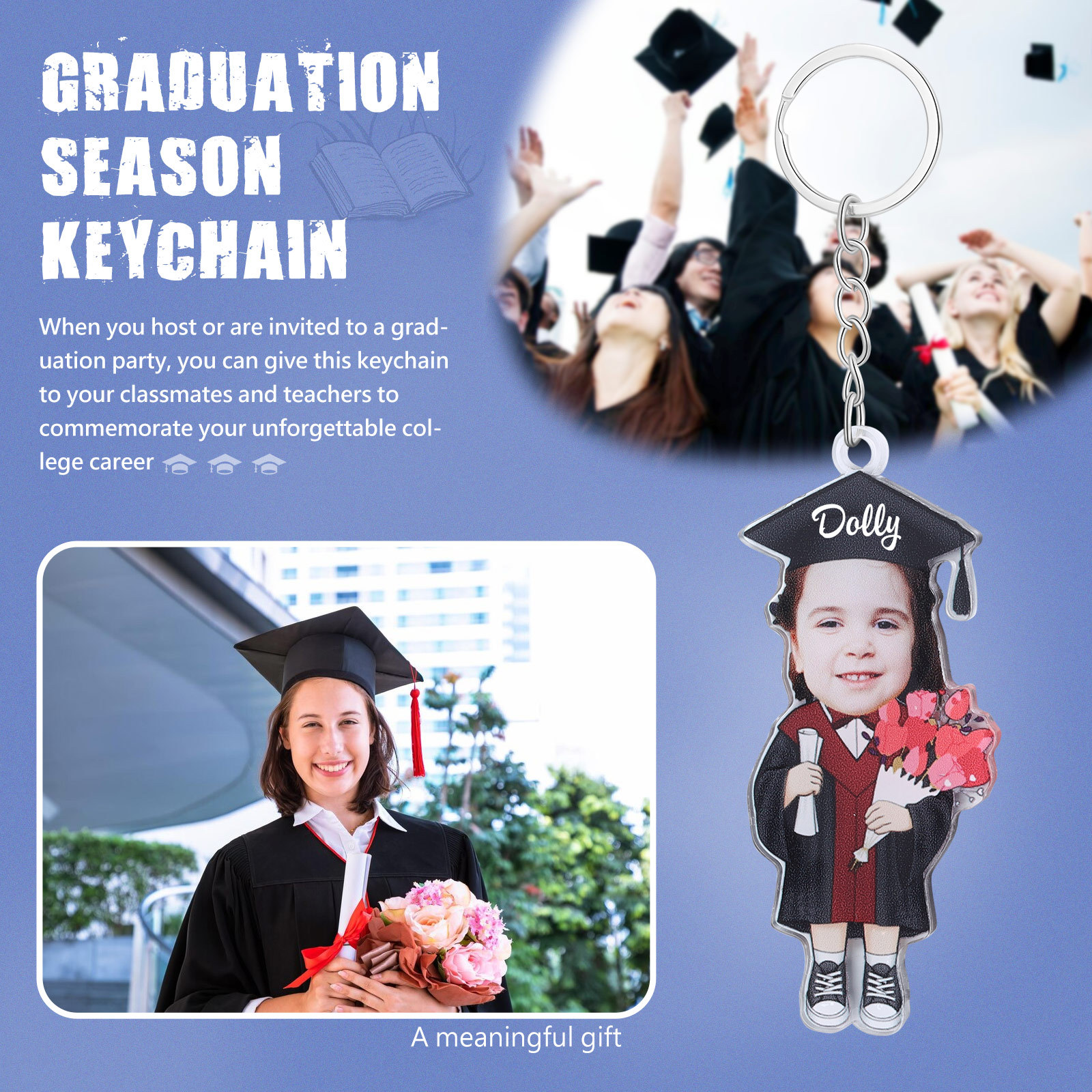 Personalized Photo & Name Exquisite Stainless Steel Graduation Keychain Gift For Her/Him