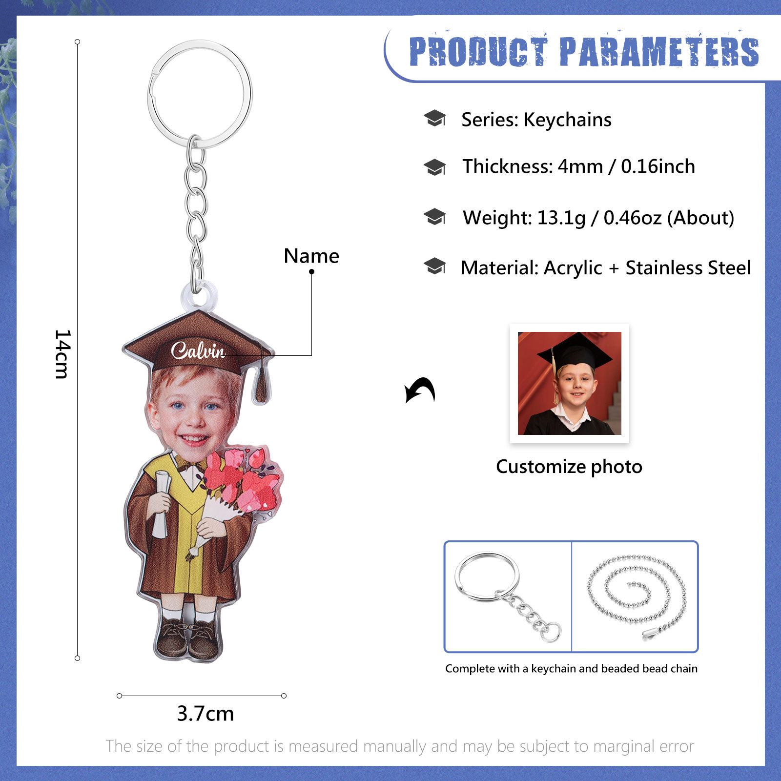 Personalized Photo & Name Exquisite Stainless Steel Graduation Keychain Gift For Her/Him