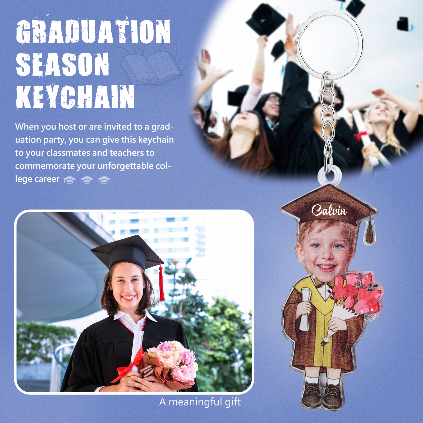 Personalized Photo & Name Exquisite Stainless Steel Graduation Keychain Gift For Her/Him