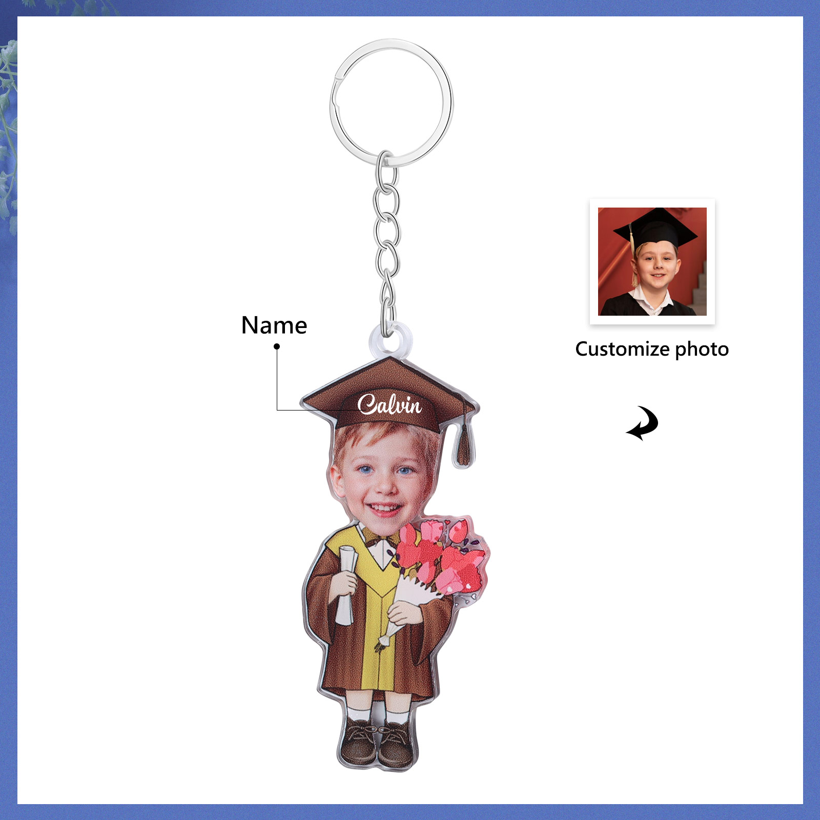 Personalized Photo & Name Exquisite Stainless Steel Graduation Keychain Gift For Her/Him