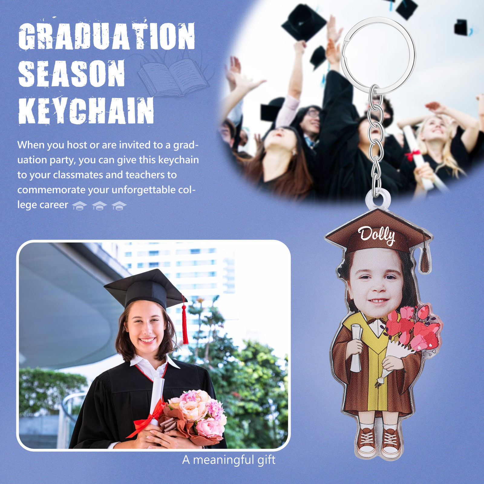 Personalized Photo & Name Exquisite Stainless Steel Graduation Keychain Gift For Her/Him