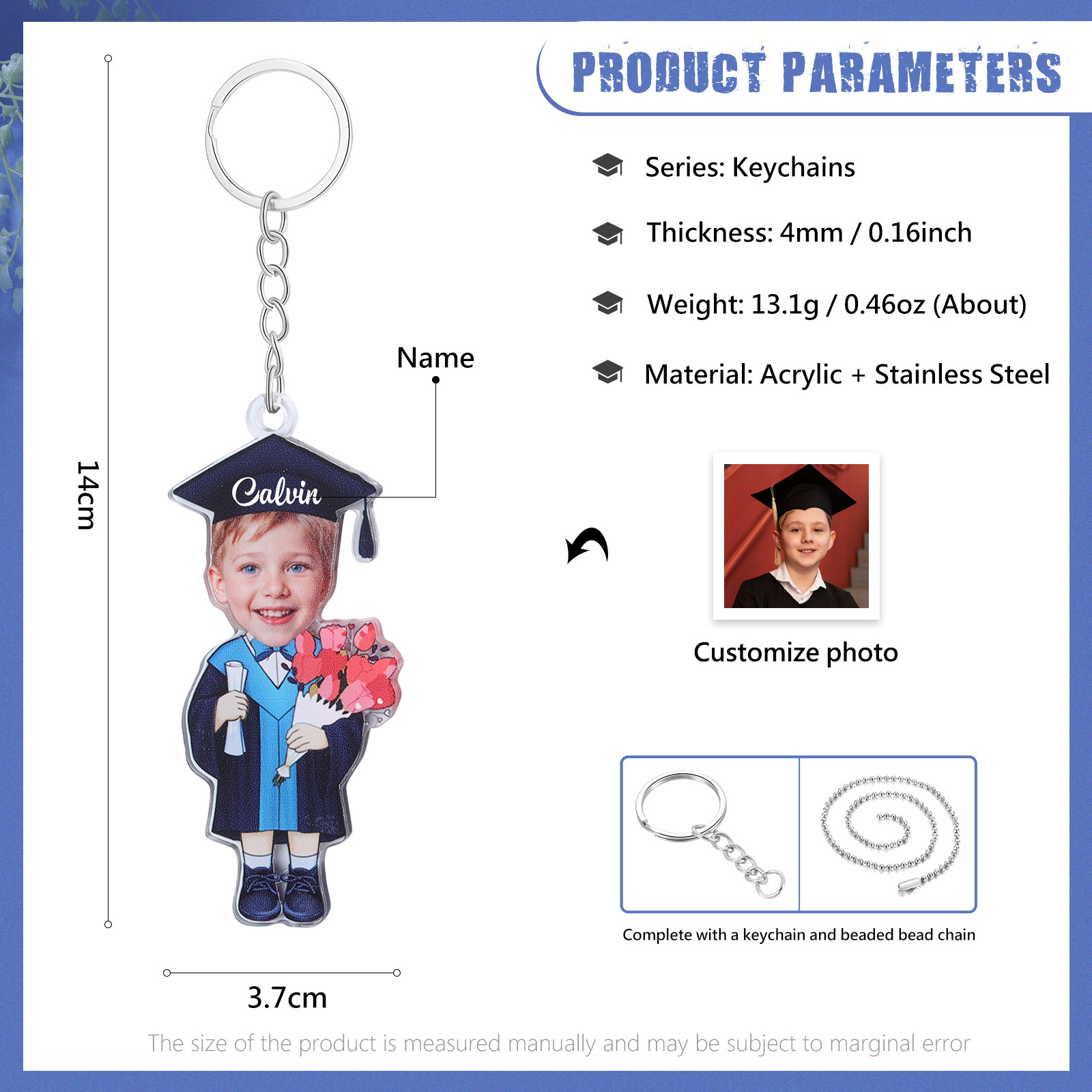 Personalized Photo & Name Exquisite Stainless Steel Graduation Keychain Gift For Her/Him