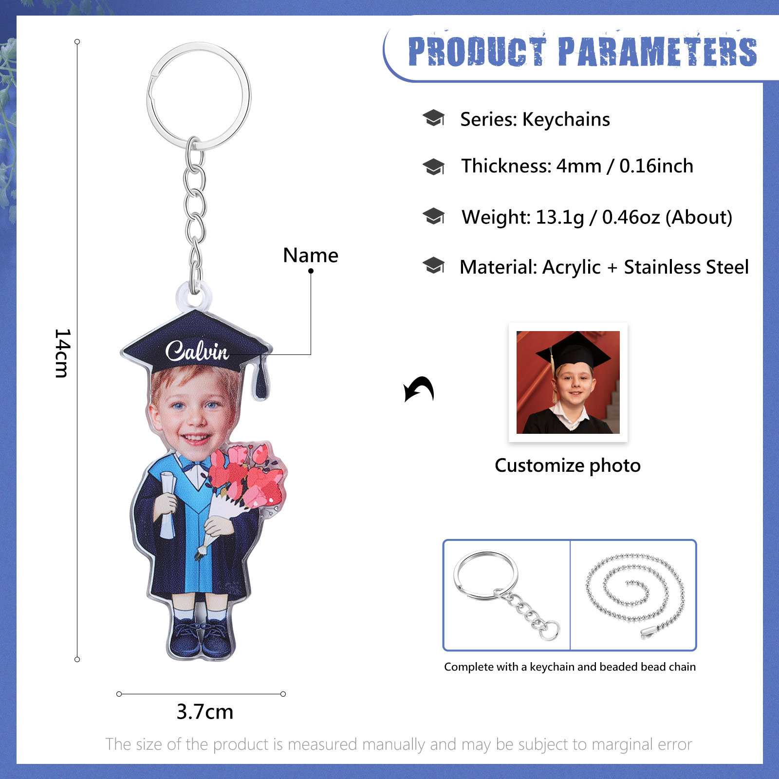 Personalized Photo & Name Exquisite Stainless Steel Graduation Keychain Gift For Her/Him