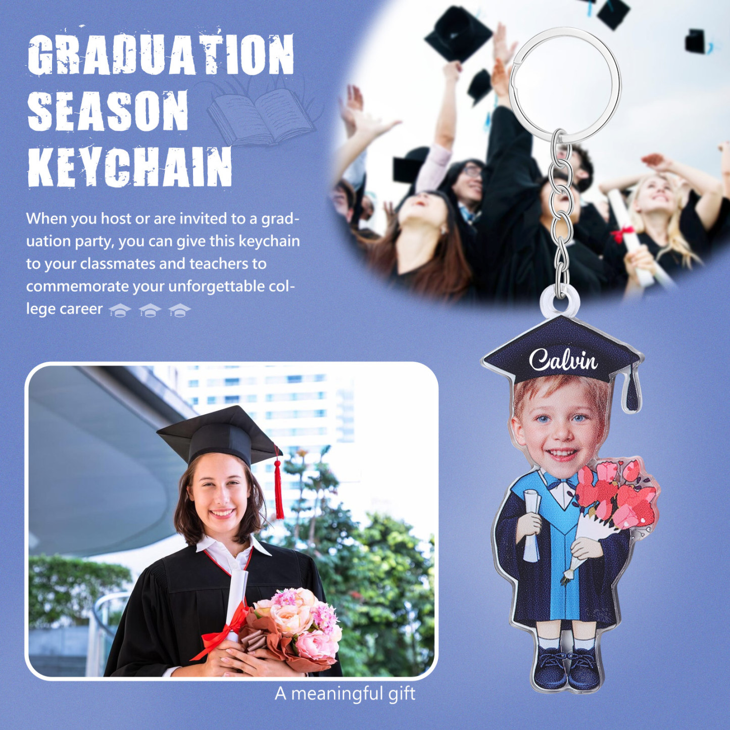 Personalized Photo & Name Exquisite Stainless Steel Graduation Keychain Gift For Her/Him