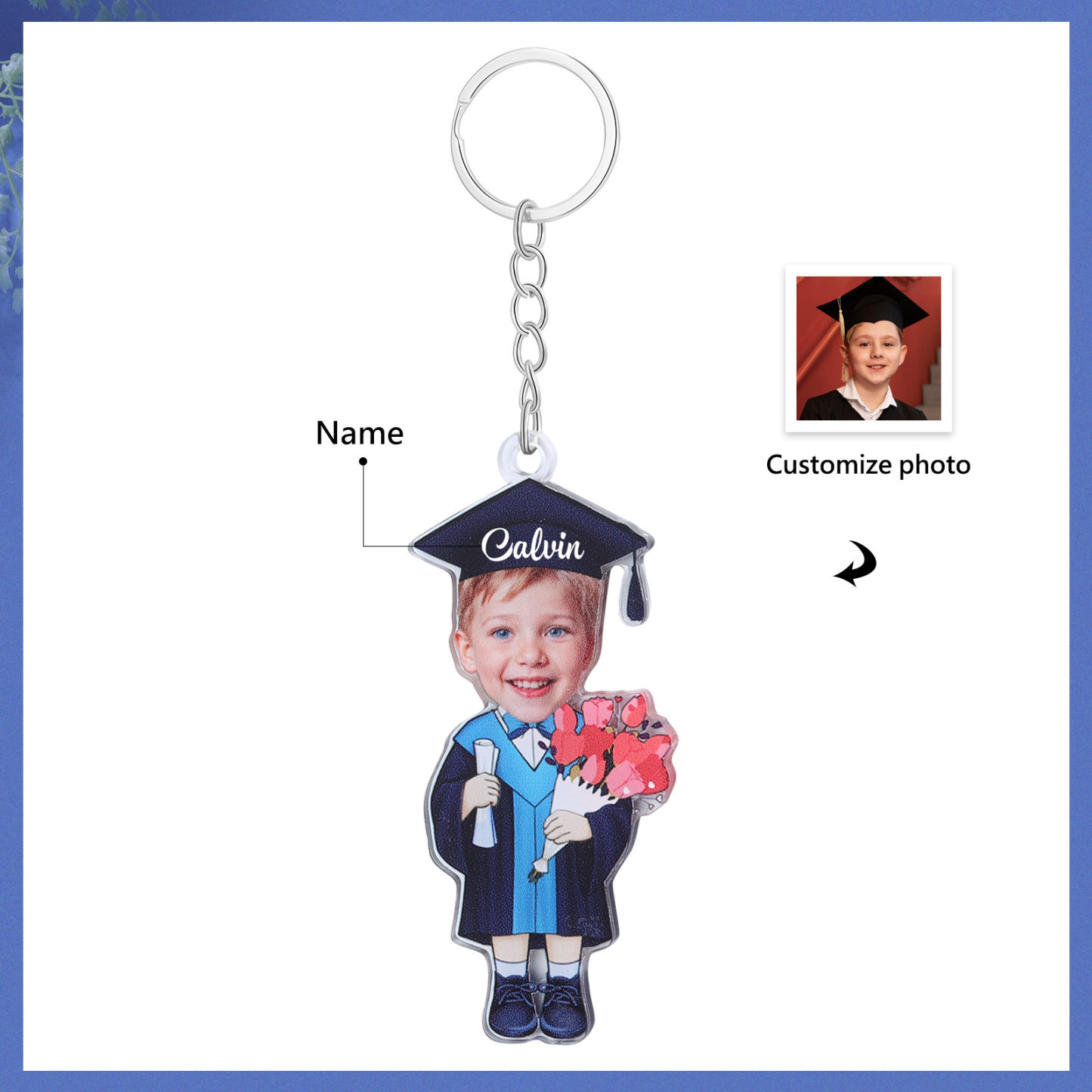 Personalized Photo & Name Exquisite Stainless Steel Graduation Keychain Gift For Her/Him