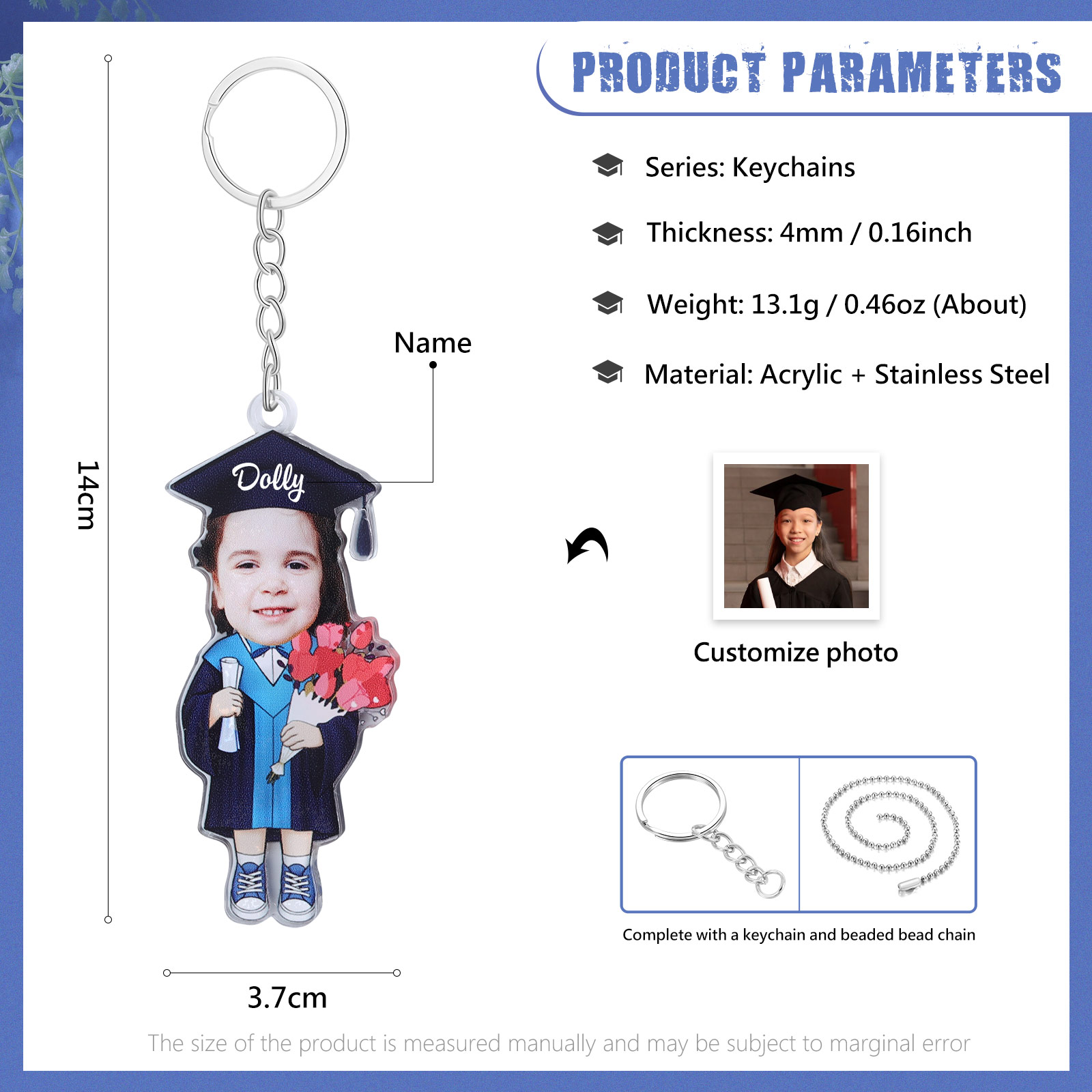 Personalized Photo & Name Exquisite Stainless Steel Graduation Keychain Gift For Her/Him