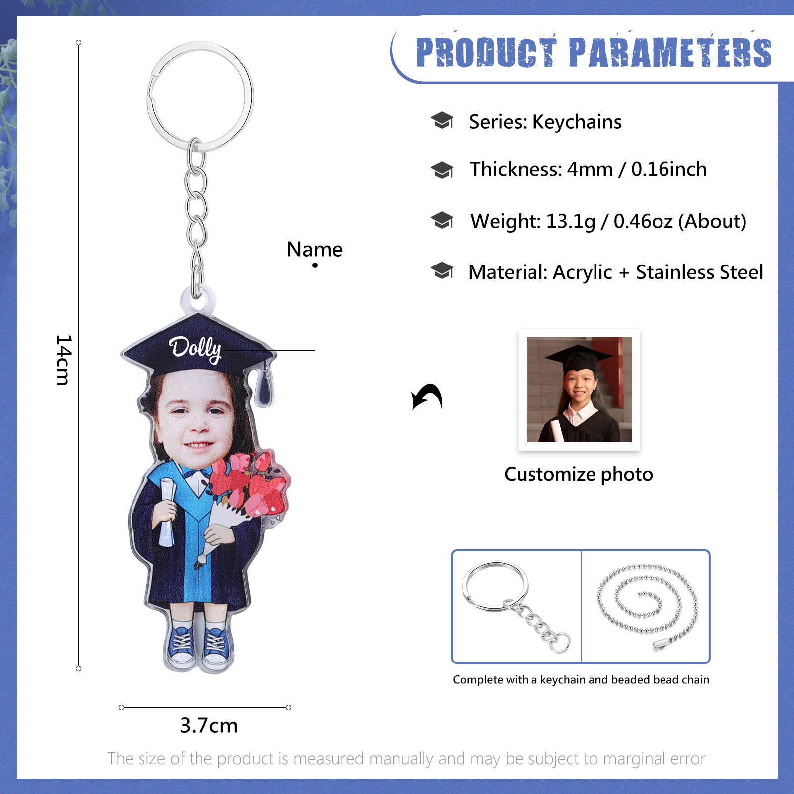 Personalized Photo & Name Exquisite Stainless Steel Graduation Keychain Gift For Her/Him