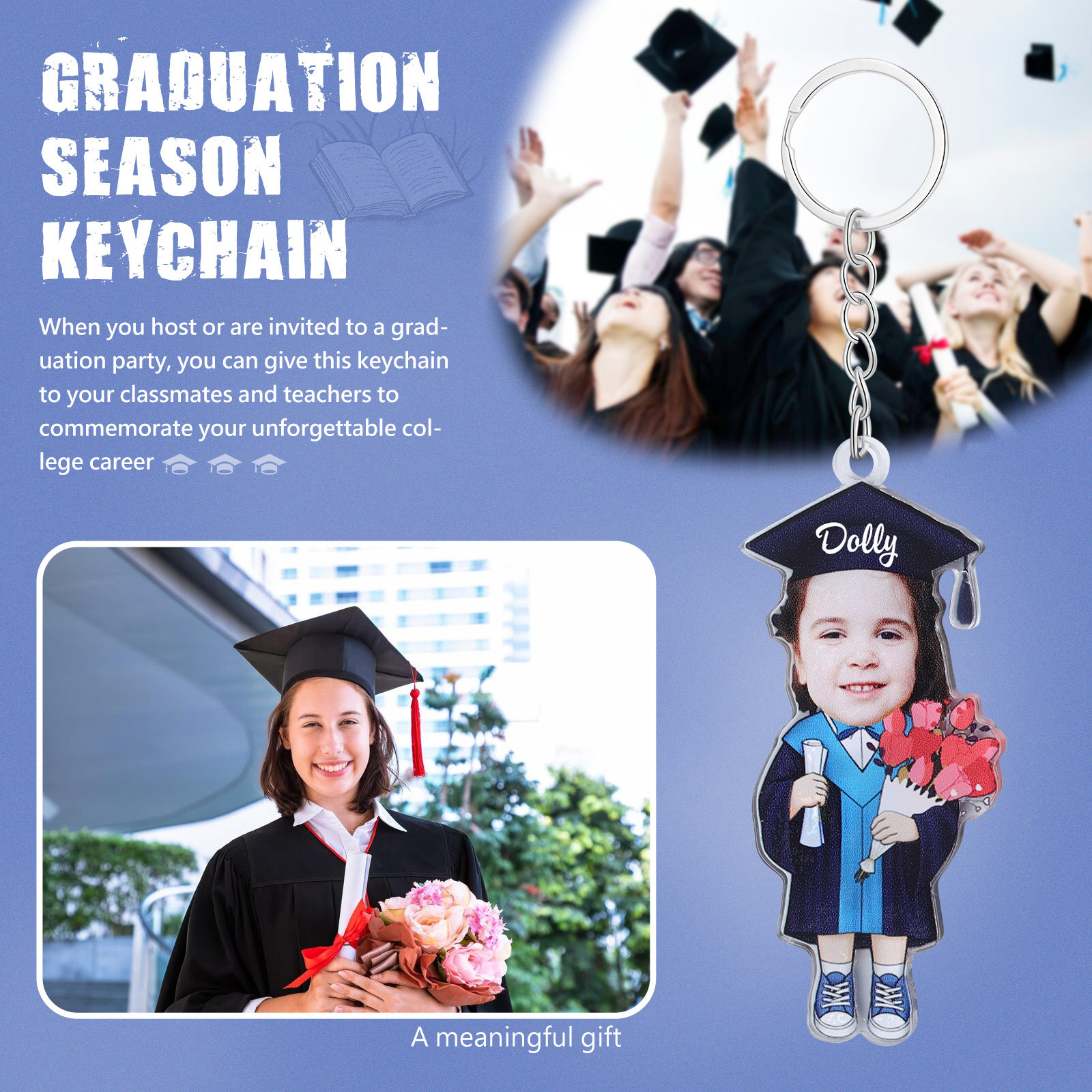 Personalized Photo & Name Exquisite Stainless Steel Graduation Keychain Gift For Her/Him